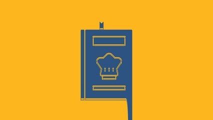 Sticker - Blue Cookbook icon isolated on orange background. Cooking book icon. Recipe book. Fork and knife icons. Cutlery symbol. 4K Video motion graphic animation