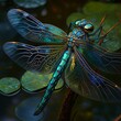 beautiful dragonfly flying over water with open wings macro eyes green insect thin head insect bug transparent feather light insect  water lily close up winged Generative AI 
