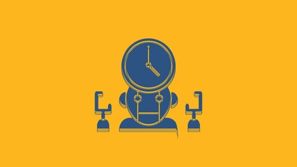 Poster - Blue Robot and digital time manager icon isolated on orange background. Time management assistance, workflow optimization help. 4K Video motion graphic animation