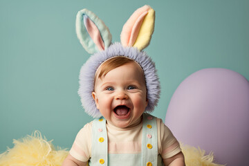 cute baby portrait wearing spring easter bunny ears. generative ai