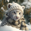 On a snowy day, the white tiger wears a hat and scarf