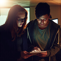 Poster - Planning, tablet and research with people in office at night for teamwork, web design and strategy. Creative, collaboration and technology with man and woman in startup for data, proposal and idea