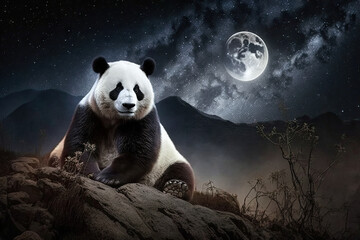Wall Mural - majestic lunar panda - captivating moonlit spectacle of celestial mountain majesty generative ai