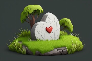 Wall Mural - Sympathetic funeral heart made of stone placed under a tree. Wild woodland burial site with no artificial tombstones. Grass or moss with a heart drawn on it. All Souls' Day, cemeteries, and tree buria