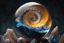 Exquisite Amber Yellow Colored Citrine And Amethyst Shimmering Crystals Trapped Inside Spiral Clear Quartz Marble Ball - Generative AI. 