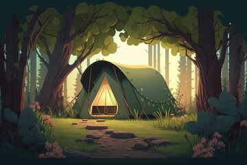 Wall Mural - Tent camp for glamour camping in the woods on a quiet afternoon. Generative AI