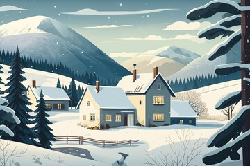 Wall Mural - Adorable wintry scene. Snow covered landscape with hills, trees, and a cozy home. Illustration in gouache. Norway. Mountain resort hotel. Generative AI