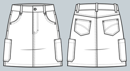 Wall Mural - High-waist denim skirt fashion technical drawing template with pockets, Front zip fly, and top button fastening. denim skirt vector illustration. front and back view. CAD mockup 