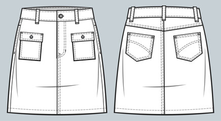 Wall Mural - High-waist denim skirt fashion technical drawing template with pockets, Front zip fly, and top button fastening. denim skirt vector illustration. front and back view. CAD mockup 