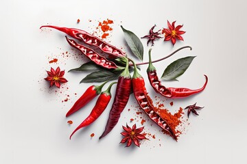 Poster - Images of red chili peppers on a white background. Generative AI