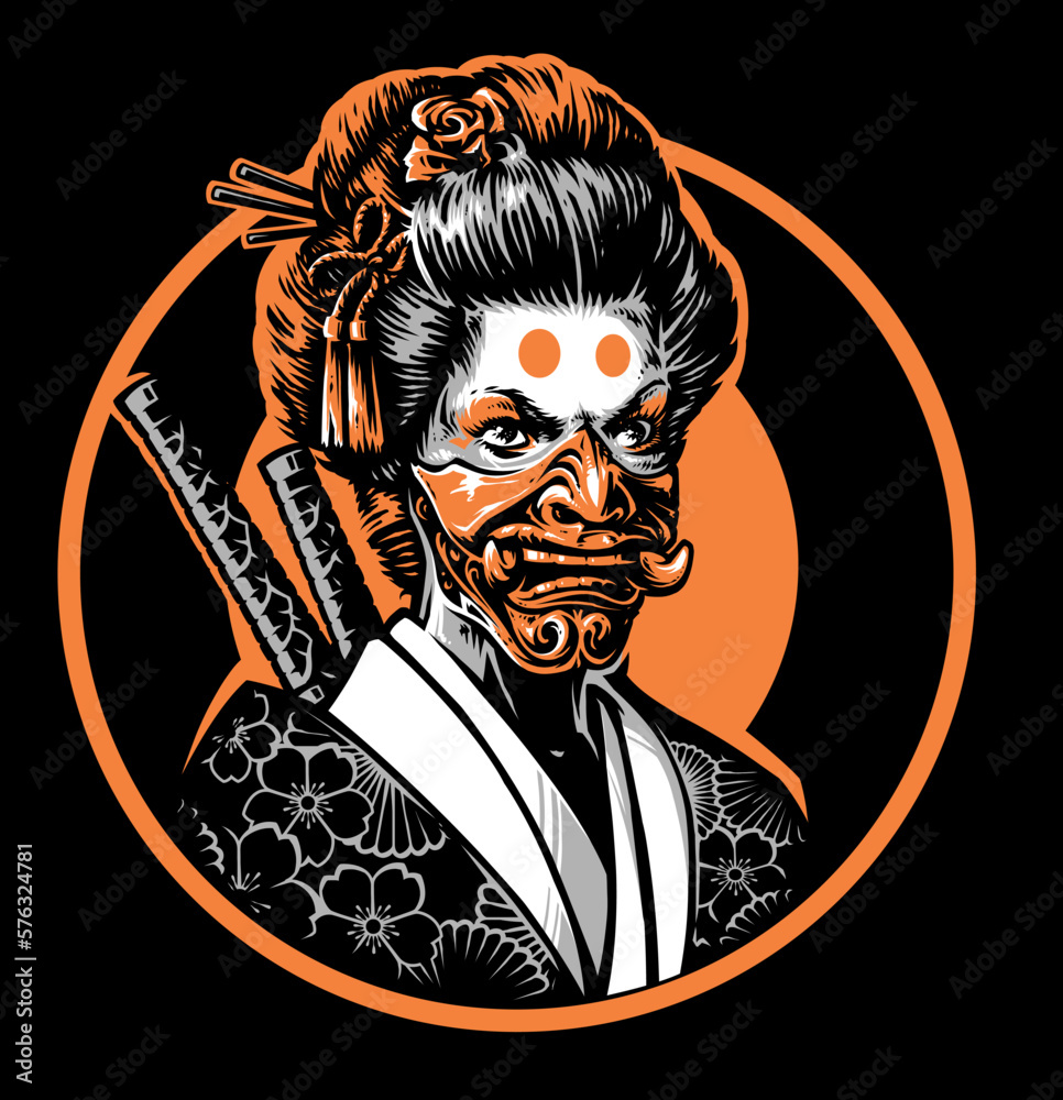 Geisha wearing an oni mask Stock Vector | Adobe Stock, image size:966x1000