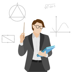 Mathematics teacher on a white background. An example of algebra or geometry being explained to students.