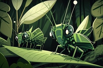 Wall Mural - The green Phylliidae family of leaf insects are masters of camouflage; they stick under leaves and face the stem in a tropical forest. Generative AI