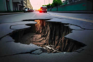 Huge sinkhole on busy asphalt road surface on which cars drive. Accident situation on a city street due to cracks in asphalt. Broken hole filled with muddy water. Generative AI