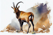 Nubian Ibex Is A Desert-dwelling Goat Species Found In Mountainous Areas Of Northern And Northeast Africa, And The Middle East. Watercolor Illustration On A White Background. Generative AI.