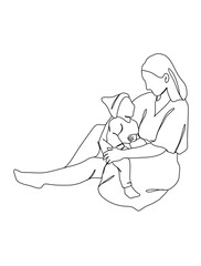 Wall Mural - Continuous one line drawing of mom holding baby. Vector illustration.