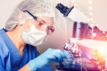 Wall Mural - research concept background with molecule dna and scientist