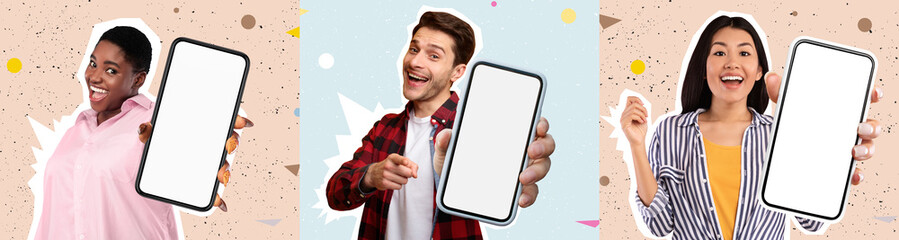 Poster - Cheerful multicultural young people showing smartphones, mockup, collage