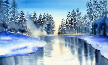 Watercolor Illustration Of A Winter Landscape With Fir Trees On A Snowy River Bank Reflecting In The Water Against A Blue And Turquoise Sky
