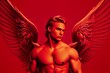 A Handsome Cupid God Of Love With Wings Against A Red Background. Generative AI