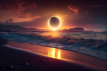 Wall Mural - A Total Solar Eclipse With The Sun Just Above The Horizon, View From The Beach At Sunset. Generative AI