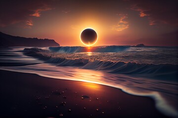 Wall Mural - A Total Solar Eclipse With The Sun Just Above The Horizon, View From The Beach At Sunset. Generative AI