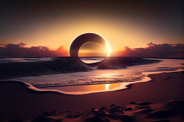 Wall Mural - A Total Solar Eclipse With The Sun Just Above The Horizon, View From The Beach At Sunset. Generative AI