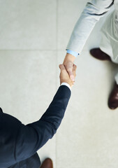 Poster - The start of a great partnership. High angle shot of two unidentifiable businessmen shaking hands in the office.