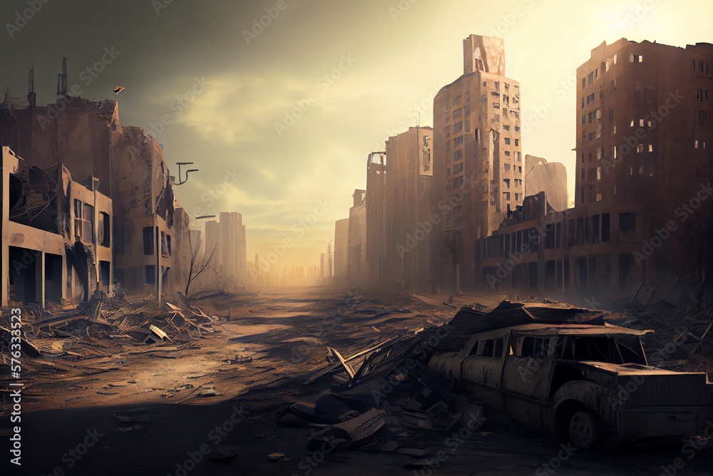 Apocalyptic View Of Destroyed City Buildings, Post Apocalypse After ...