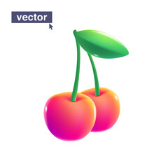 Two ripe cherries with petiole and green leaf. Juicy vector emoji illustration. Pure fruit logo for vegetarians.