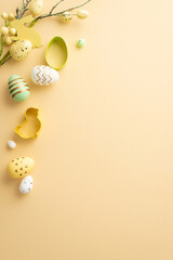 Wall Mural - Easter mood concept. Top view vertical photo of colorful easter eggs baking molds and easter plant on isolated pastel beige background with copyspace