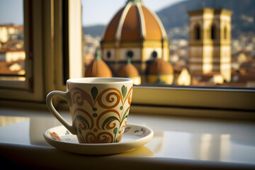 Cup of morning coffee on the windowsill an open window with overlooking Florence. Travel concept and morning with breakfast at the hotel. Generative AI