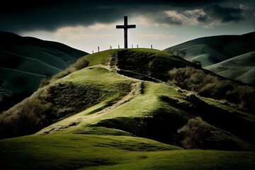 Wall Mural - Christian Catholic Cross On The Hills. Generative AI