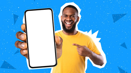 Poster - Excited African American man presenting smartphone with blank screen