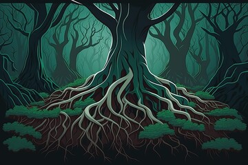 Sticker - Digital Illustration of a Dark, Creepy Forest with Entangled Tree Roots. Generative AI