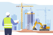 Construction site. Building work process with houses and construction machines. Engineer with construction project. Vector illustration for mobile and web graphics.