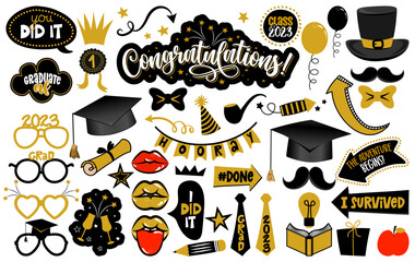 Wall Mural - Congratulations Graduates photo booth prop set. Premium vector cap, hat, lips, eyeglasses, degree and many other. Graduation party photo booth. Let the adventure begin.