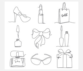 Wall Mural - Modern icons fashion, femininity, shopping, leisure. Fashion elements in one line style. Items isolated on a white background. for print, social network,  banner, card. Set of linear signs.