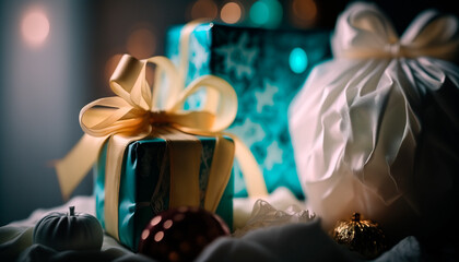 Wall Mural - Beautiful gift boxes on light table against blurred festive lights. Decorative detailed gift wrapping. Generative ai