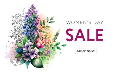 Poster - Banner for the International Happy Women's Day. Flyer for sale March 8 with the decor of floral. Web offer