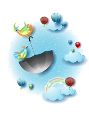 Sticker - Landscape with flying umbrella and birds, ballons, fairy tale. Vector illustration eps10