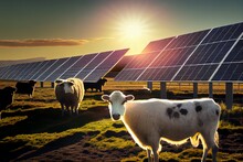 Solar Panels In Natural Environment, Farm Animals. Photovoltaic Farm . Sunny Weather, Sunset Beautiful. Generative AI