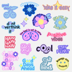 Set of Cool Y2K Smile Stickers Vector Design. Trendy Pop Art Patches.