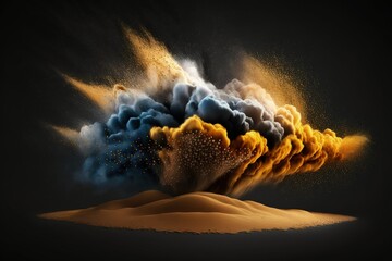 Poster - An explosion of golden sand against a black background. Desert cloud abstraction. Sand with a golden hue splatters across a black backdrop. Airborne granules of yellow sand sway. Generative AI