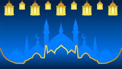 Wall Mural - Ramadan background with lantern and star crescent for islamic design. Shiny blue background element with golden ornament for desain graphic ramadan greeting in muslim culture and islam religion