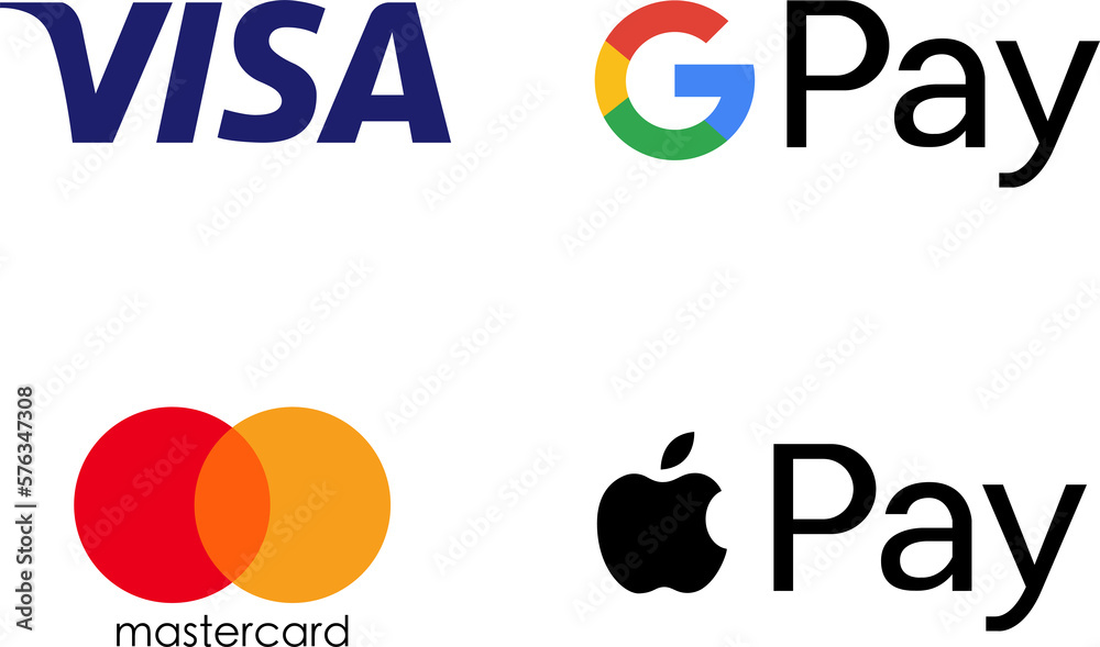 Popular payment systems mastercard, visa, apple pay, google pay. Logo for a website. PNG image Stock Photo | Adobe Stock