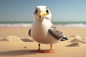 Poster - Cute Cartoon Seagull on a Beach (Generated with AI)