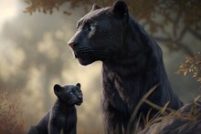 Wallpaper Illustration And Background Of Black Panther Mother And Her Calf Together, In A Natural Habitat, Realistic Illustration. Front View. Concept Of Mother's Day, Wild World. Generative AI.