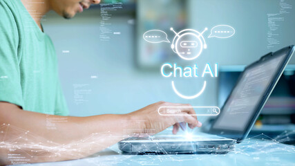 Aufkleber - The concept of a person using a computer to connect to Chat AI technology to help process the required information. artificial intelligence intelligent assistant in cyber consulting inquiries.