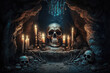 skulls with candles in cave. generative ai